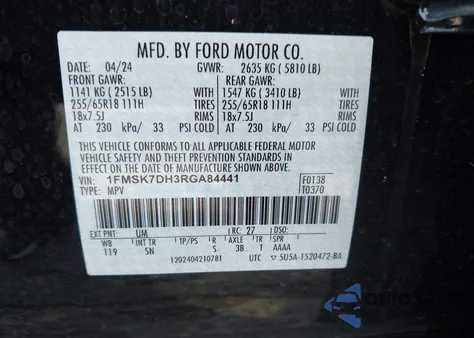 2024 Ford Explorer Xlt from USA, damaged, VIN 1FMSK7DH3RGA84441